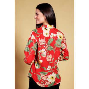 เสื้อเชิ้ตผ้าฝ้ายสีแดงสดใส ติดกระดุม ลายดอกไม้โดดเด่น ปกเสื้อทันสมัย เหมาะสำหรับใส่ในฤดูร้อน - Product Image 2