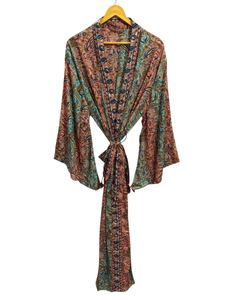 Silk <b>Kimono</b> For <b>Woman's</b> <b>Woman</b> Night Wear Long Robe, Floral Print Indian Vintage Recycled Silk Sari <b>Kimono</b>, - Product Image 2