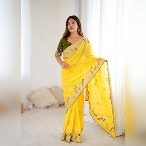 Sari de Seda Chinon Premium con Bordado de Lentejuelas Sin Coser con Blusa de Seda Mono, Ideal para Bodas y Fiestas - Product Image 5