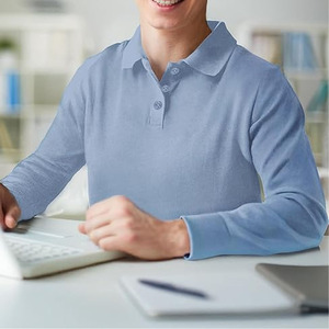 เสื้อโปโลแขนยาวสำหรับผู้ชาย, เสื้อโปโลผ้าฝ้าย/โพลีเอสเตอร์ถักลายพื้นสำหรับใส่เล่นกีฬา - Product Image 6