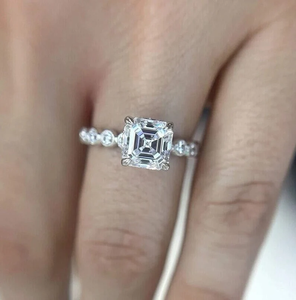 2.50CTW Asscher Cut Lab Grown Diamond Anillo de bodas 14K Oro sólido Oculto Halo Pave Band Joyería de aniversario romántico para fiestas - Product Image 5