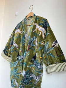 Kimono en velours grande taille vert Jungle imprimé Robe de mariée pour femmes Robe de mariée écologique décontractée pour femmes en velours de coton - Product Image 5