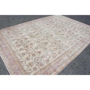 Alfombra Turca Vintage, Alfombra de 7.7x11.1 pies, Alfombra de Lana a Rayas Blancas y Rosas - Product Image 3