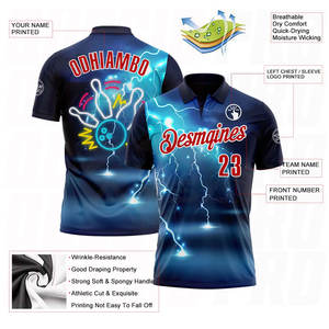 Custom Navy Red-White 3D Bowling Lightning Performance Polo Shirt Moisture-Wicking <b>Athletic</b> Bowling Polo for League - Product Image 3