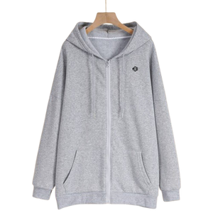 เสื้อฮู้ดดี้ผู้หญิงสีเทา ซิปหน้า ผ้าถักขนแกะ ทรงยาว ไหล่ตก มีเชือกผูก กระเป๋า ระบายอากาศได้ดี ผลิตจากผ้าฝ้าย จำหน่ายจำนวนมาก - Product Image 1