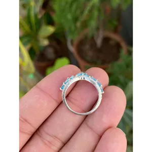 925 Silver Blue Topaz Tiara Ring Rhodium Plated with Pear & Oval Cut <b>Diamonds</b> Geometric Marquise Pattern for Engagement Gift - Product Image 5