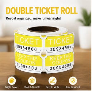 Rollo de Boletos Dobles de 2x2 Pulgadas, Numerados Consecutivamente, Perforados, para Sorteos, Color Amarillo Brillante, Fáciles de Desprender, Etiquetas de Cartulina Resistente - Product Image 1