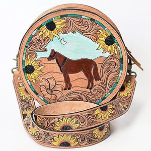 Nouveau sac de cantine en cuir de vachette usiné de Style occidental sac à main de forme ronde usiné à la main femmes sac à bandoulière en cuir usiné - Product Image 3