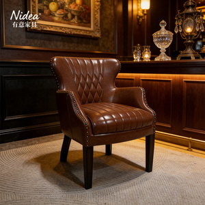 Sillón <span class=keywords><strong>de</strong></span> Cuero Marrón <span class=keywords><strong>de</strong></span> Lujo con Respaldo Alto, Diseño Clásico Acolchado en Diamantes y Adornos <span class=keywords><strong>de</strong></span> Tachuelas para Hotel y Comedor - Product Image 4
