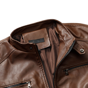 Chaqueta de bombardero de piel de vaca holgada de invierno para hombre, cuello levantado, cremallera asimétrica, motocicletas ecológicas con logotipo frontal - Product Image 3