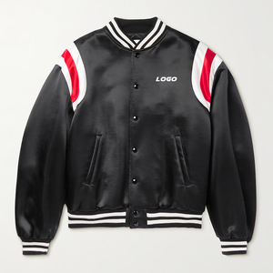 <b>Men's</b> Black Satin Varsity <b>Jacket</b> Red <b>White</b> Stand Collar Casual Baseball Coat Autumn Wear Regular Fit Windproof Embroidered High - Product Image 3