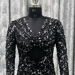 Vestido de noche elegante con cuentas de lentejuelas bordadas a mano de manga completa hasta la rodilla hermoso patrón para fiestas Característica sexy - Product Image 1