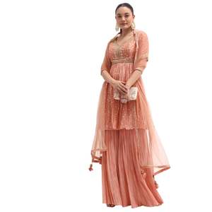 Juego de Kurta Sharara plisado bordado de melocotón con Dupatta para fiesta festiva de recepción de boda y ropa tradicional - Product Image 2