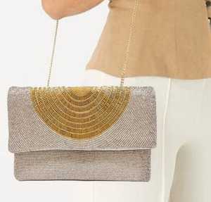 กระเป๋าคลัทช์ผ้าฝ้ายประดับลูกปัดเม็ดสีทองเมทัลลิกหรูหรา - Product Image 3