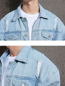 Autumn Winter Trendy <b>Men's</b> Denim Jacket with Ripped Thin Design Sheep Skin <b>Leather</b> <b>Mens</b> <b>Jeans</b> Outwear Cowboy Coat - Product Image 3