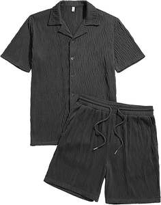 ชุดเซ็ตผ้าลูกฟูก 2 ชิ้น เสื้อเชิ้ตติดกระดุม กางเกงขาสั้น ชุดลำลองสำหรับผู้ชาย ชุดเที่ยวทะเล ชุดออกกำลังกาย ชุดวิ่งจ๊อกกิ้ง - Product Image 1