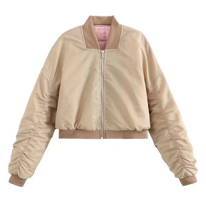 Women's Bomber Jackets Polyester Bomber Cropped Jacket Custom Zipper Closure Elastic Waist <b>Out</b> Wear Cropped Bomber Jacket - Product Image 4