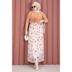 Bohemian Style for Cream Chiffon Tulle <b>Skirt</b> with Floral <b>Elastic</b> Waist Print Decoration - Product Image 4