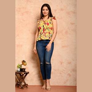 Yellow Bird Embroidered Tank <b>Top</b> Women's Bohemian Floral Printed Chiffon and <b>Linen</b> Autumn Striped Shirred <b>Top</b> XS-XL Loose Fit - Product Image 1