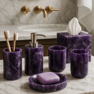 Juego de 6 Accesorios de Baño Modernos y Ecológicos de Amatista Real, Dispensador de Jabón de Cristal Curativo, Bandeja, Tarro, Zen Spa Sanctuary - Product Image 2