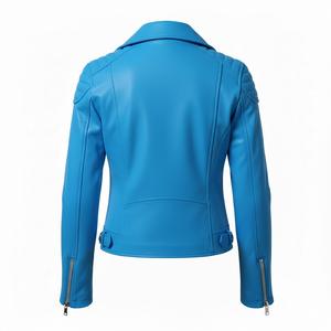 Veste de motard en cuir bleu élégante pour femmes, streetwear, design personnalisé, vente en gros en vrac, prix d'usine, véritable style moto - Product Image 3