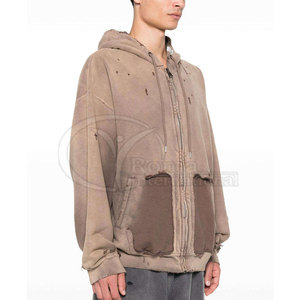 เสื้อฮู้ดดี้ผู้ชายลายโลโก้แบบกำหนดเอง ล้างสีแบบแอซิดวอช สไตล์วินเทจขาดๆ แบบโอเวอร์ไซส์ สตรีทแวร์ ไซส์ผู้ใหญ่ - Product Image 3