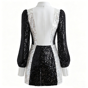 <span class=keywords><strong>Robe</strong></span> mini smoking noire et blanche à sequins pour femme avec col montant et nœud papillon - Product Image 4