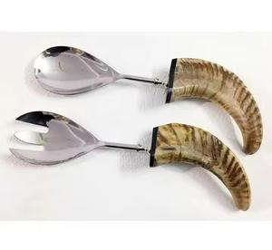 Servidor de ensalada de acero inoxidable de alta calidad con mango de cuerno, cuchara para ensalada y tenedor, utensilios para servir para decoración de mesa, restaurante, hogar - Product Image 1