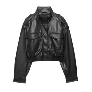 Chaqueta Corta de Motociclista Vintage de Cuero Negro para Mujer 2026 con Cremallera y 2 Bolsillos, Capucha de Piel de Oveja, Ropa de Calle de Moda - Product Image 2