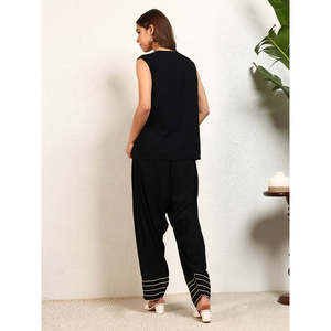 Deebaco Women's <b>Black</b> Sleeveless Casual O-Neck Loose Fit Top With Striped Ankle <b>Pants</b> 2-Piece Co-Ord Set Western Wear Outfit - Product Image 4