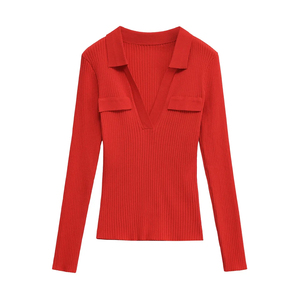 2025 automne femmes hauts couleur unie à manches longues revers mince haut en tricot dames Sexy col en v Design décontracté mode pull pull - Product Image 2