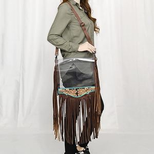 Transparente Claro Elegante Tallado a mano Monedero de cuero Estilo occidental Flecos de cuero Claro Estadio Bolsas Regalo para ella - Product Image 4