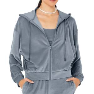 2026 Stylish Velour Full Zip <b>Crop</b> <b>Top</b> Hoodie Woman's Active Streetwear with Long Sleeves and Logo for Winter Wholesale - Product Image 4