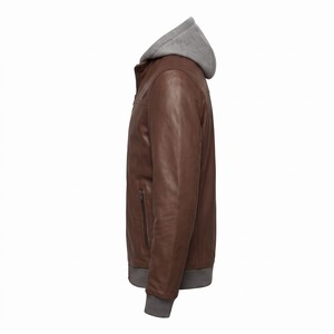 Veste en cuir gaufré personnalisée pour homme, à capuche, fermeture éclair, en peau de mouton, logo gaufré, couleur moka - Product Image 5
