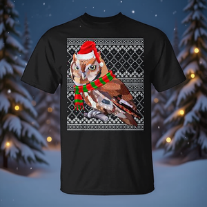 T-shirt de Noël pour homme avec motif hibou hachoir oriental et chapeau de Père Noël, design festif original, noir - Product Image 3