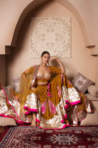 Ghazal mù tạt màu vàng nhung gota patti <span class=keywords><strong>lehenga</strong></span> với lưới mềm dupatta màu vàng Jacquard Paisley zardosi <span class=keywords><strong>lehenga</strong></span> Bộ - Product Image 6