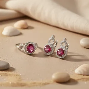 Conjunto de Joyería Fina para Mujer, Anillo, Aretes y Colgante de Plata con Rubí y Perla, para Fiestas, Bodas, Regalos, Rajasthan - Product Image 2