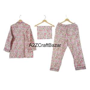 Conjunto de Pijama de Verano para Mujer, Hecho a Mano, 100% Algodón Puro, Elegante Estampado Floral, Traje de Dormir de Algodón Indio - Product Image 4