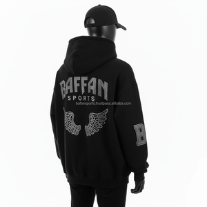 Premium 400 GSM Cotton <b>Fleece</b> <b>Men</b> Hoodie <b>Black</b> Rhinestone Logo Embellished Streetwear Custom Design basics Hoodie - Product Image 5