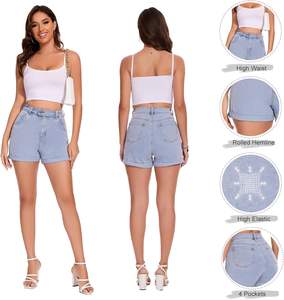 Pantalones cortos de mezclilla de cintura alta para mujer Pantalones cortos de mezclilla con dobladillo elástico Pantalones cortos de mezclilla con puños de verano transpirables - Product Image 3