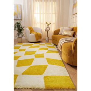 Alfombra Rectangular Joli a Cuadros Amarillos y Blancos, Hecha a Máquina, para Sala de Estar, Pasillo, Entrada, Espacios Juveniles - Product Image 2