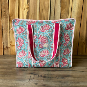 Hand Block Print Quilted Cotton Tote <b>Bag</b>: Indian Handmade Shopper French Country Style Large Capacity Multifunctional Cotton - Product Image 1