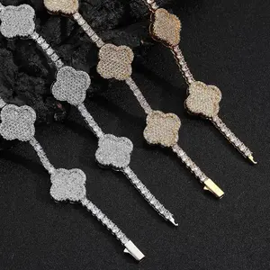 Cadena de tenis Hip Hop Lucky Flower de plata de ley chapada en oro, joyería para regalo de aniversario, collar unisex, venta al por mayor. - Product Image 6