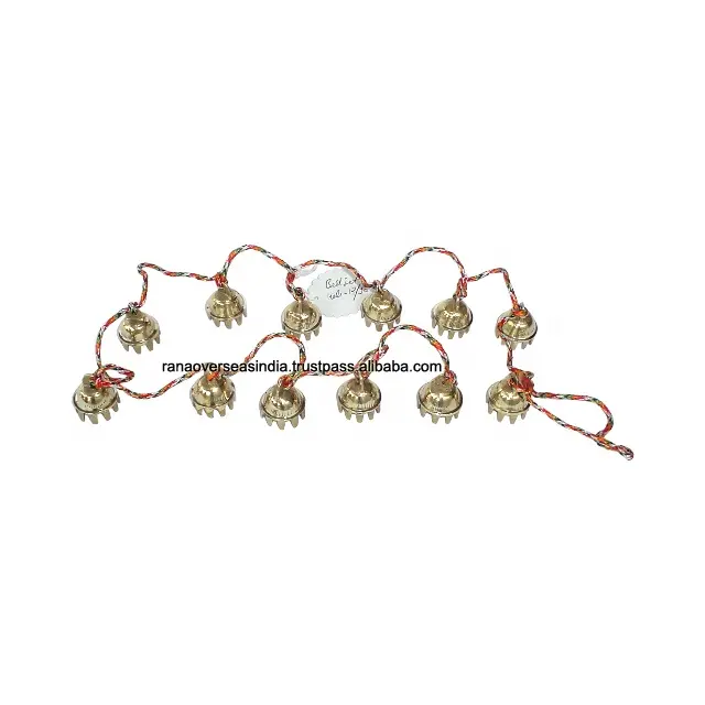 Small India Brass Bells 12 Bells in One Strand of Hanging Bells on Colorful Cord, Decorative Strands for Craft Projects