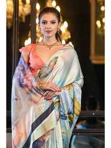 Lo último en blusa étnica de diseñador Sare de seda satinada con estampado de Bollywood indio, ropa de boda de fiesta de lujo exclusiva para mujeres y niñas - Product Image 2