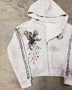 Venta al por mayor Unisex Vintage estampado gráfico Sun Faded multicolor ácido lavado Sudadera con capucha personalizado pesado 100% algodón Rhinestone - Product Image 3