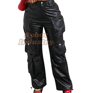 Pantalón cargo de cuero negro con múltiples bolsillos para mujer, pantalón de cuero de pierna ancha holgado con estilo, regalo para novia - Product Image 3