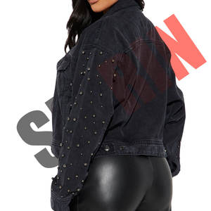 100% coton femmes léger noir délavé à l'acide Denim jeans Varsity veste bouton poches avant Logo personnalisé coupe-vent en gros - Product Image 3