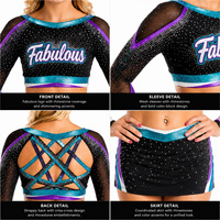 Seragam Cheerleading All Star Custom Hitam Teal Ungu Berhias Rhinestone Lengan Jala Model Silang di Punggung untuk Kompetisi