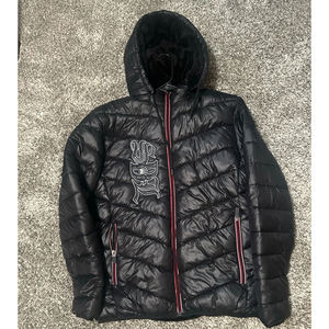 Custom <b>Vintage</b> Cropped Distressed SDL Puffer Jacket for Men Winter Street Style Embroidered SDL Logo Front Hooded Collar Zipper - Product Image 5